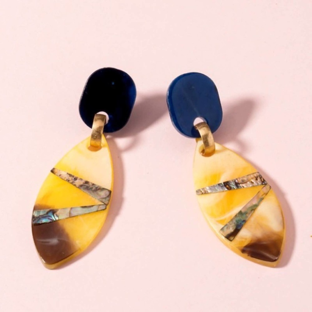 Navy Blue & Yellow Leaf Shape Drop Earring